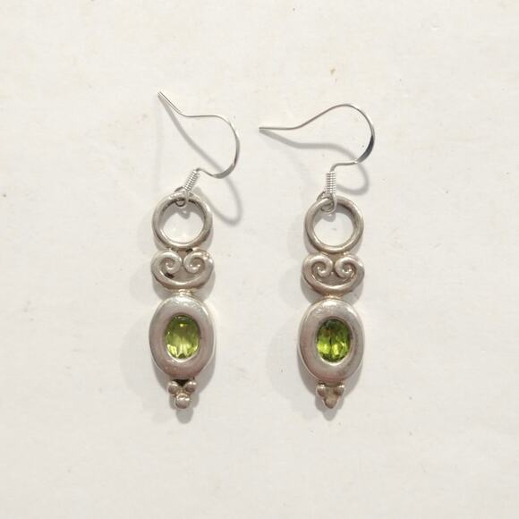 Vtg 925 Sterling Silver Oval Cut Peridot Dangle Drop Earrings Hook Art Nouveau - Picture 7 of 9